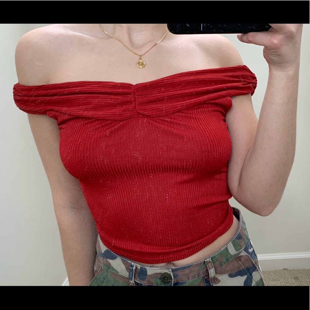 Red strapless crop top